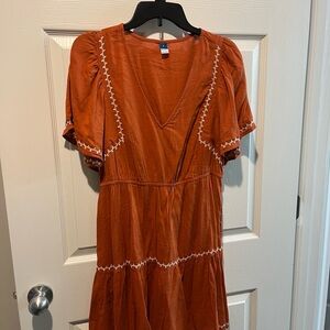 Orange V-Neck Dress with White Stitching